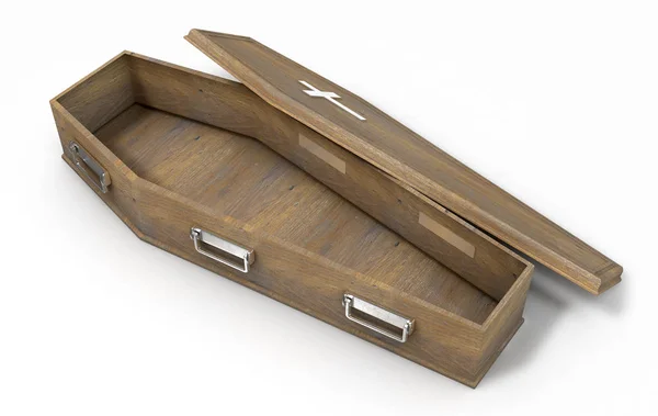 Slightly Open Empty Wooden Coffin Metal Crucifix Handles Isolated White — Stock Photo, Image