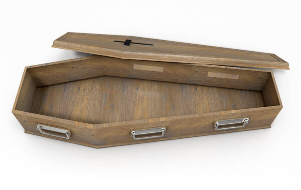 Слегка открытый деревянный гроб с металлическим распятием и ручками на изолированном белом фоне студии - 3D рендер
