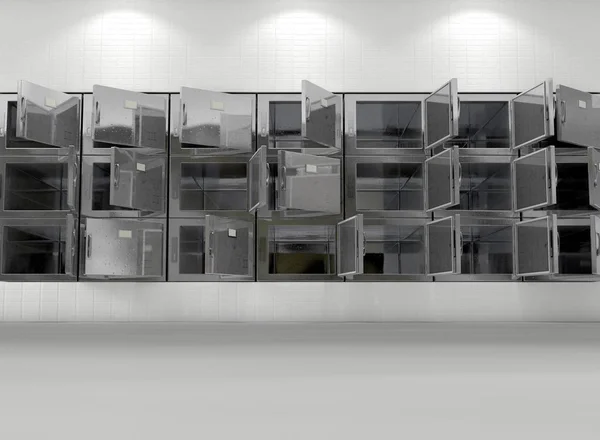 Плоская Стена Случайно Открытых Холодильников Чистой Белой Палате Морге Рендеринг — стоковое фото