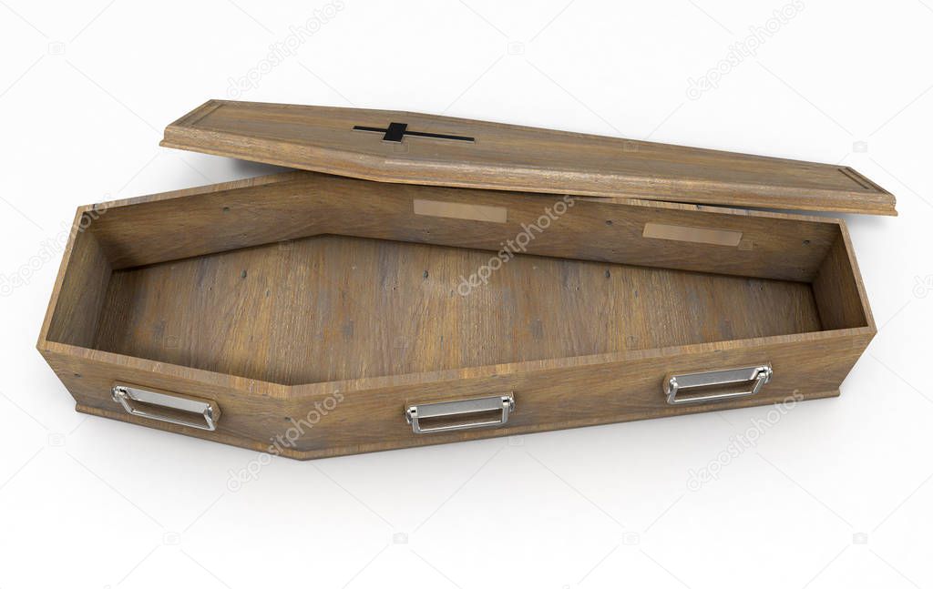 A slightly open empty wooden coffin with a metal crucifix and handles on an isolated white studio background - 3D Render