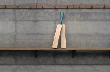 İki kriket sopası yıkık spor soyunma ahşap bir bankta Oda - 3d render değiştirmek