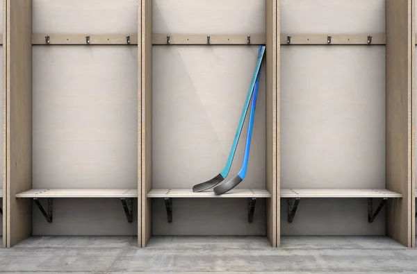 Zwei Eishockeyschläger Einer Holzkabine Mit Bank Und Kleiderbügel Einer Umkleidekabine — Stockfoto