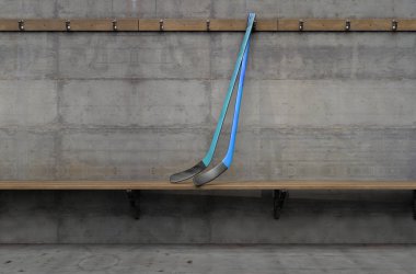 İki hocket sopa bir yıkık spor soyunma değişiklik Oda - 3d render ahşap bir bankta buz