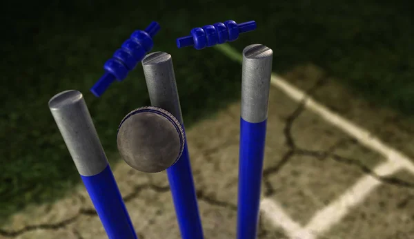 Uma Bola Críquete Couro Branco Batendo Wickets Críquete Azul Fundo — Fotografia de Stock