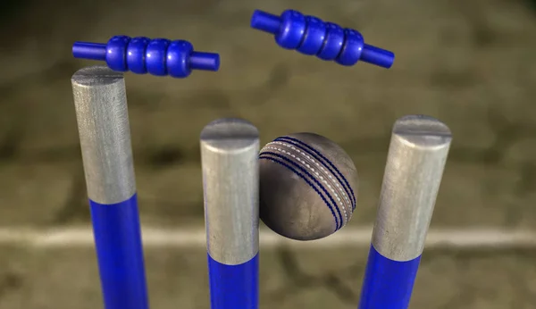 Vit Läder Cricket Boll Slår Blå Cricket Wickets Sprucken Gräsplan — Stockfoto