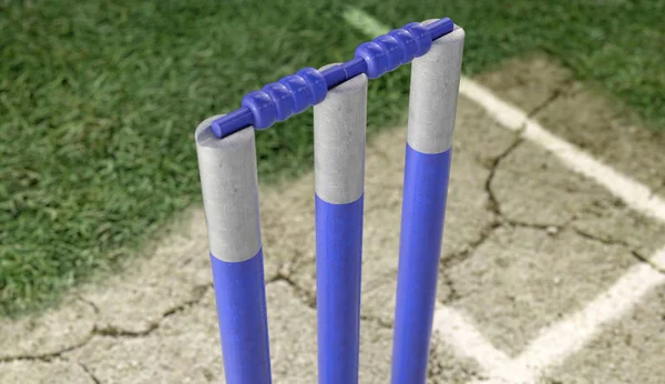 Set Blue Cricket Wickets Cracked Grass Pitch Background Render — Stock Photo, Image