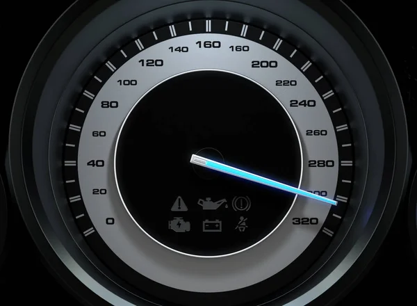 Sporty Speedometer Glowing Blue Needle Pointing High Speed Isolated Black — Stock Photo, Image