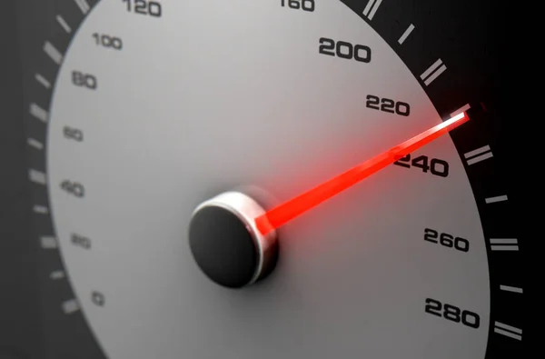 Sporty Speedometer Glowing Orange Needle Pointing High Speed Isolated Black — Stock Photo, Image