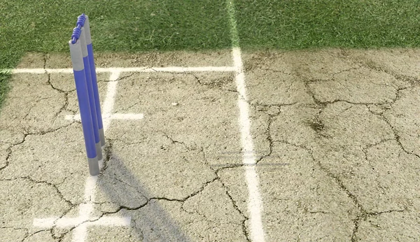 Набор Голубых Крикетных Калитк Треснувшем Фоне Травяного Поля Рендеринг — стоковое фото
