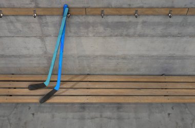 İki hocket sopa bir yıkık spor soyunma değişiklik Oda - 3d render ahşap bir bankta buz
