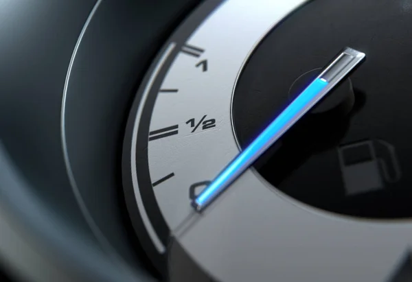 Closeup Petrol Gas Gage Showing Glowing Blue Needle Empty Sporty — Stock Photo, Image