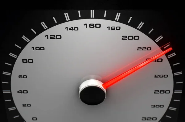 Sporty Speedometer Glowing Orange Needle Pointing High Speed Isolated Black — Stock Photo, Image