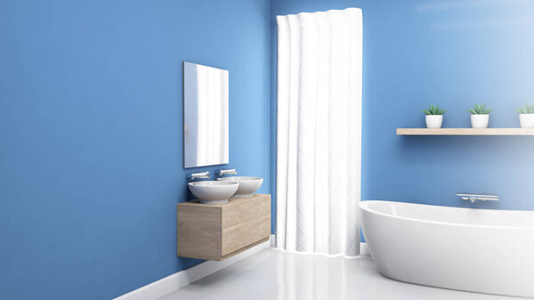 An interior of a bathroom with blue walls a modern bath tub and white reflective floors - 3D render
