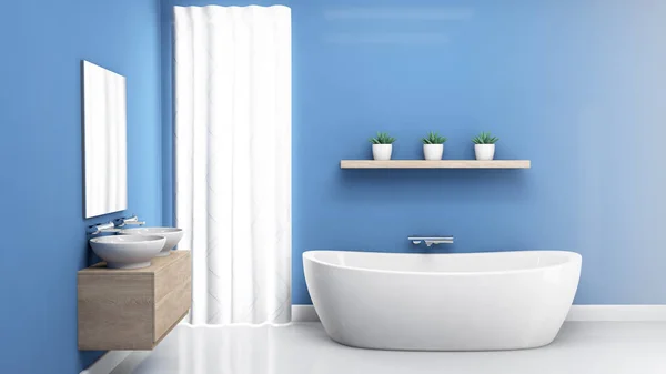 Interno Bagno Con Pareti Blu Una Vasca Bagno Moderna Pavimenti — Foto Stock