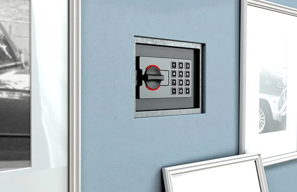 A closed hidden wall safe revealed behind a hanging framed picture on a flat blue wall in a house with shiny wooden floors - 3D render