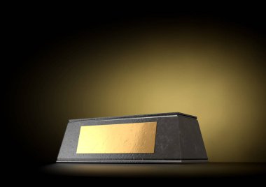 Bir boş siyah mermer kupa temel bir izole studio siyah üzerinde boş bir altın plak ile arka plan - 3d render