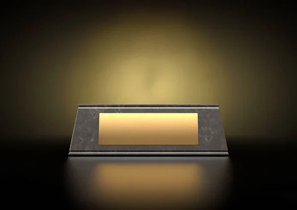 An empty black marble trophy base with a blank golden plaque on an isolated studio black background - 3D render