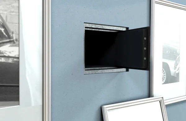An open hidden wall safe revealed behind a hanging framed picture on a flat blue wall in a house with shiny wooden floors - 3D render