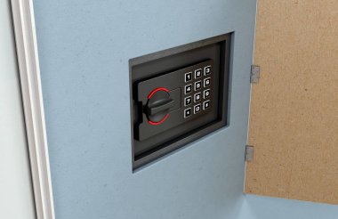 Parlak ahşap zemin - 3d render ile bir evde düz mavi bir duvara asılı çerçeveli resim arkasında ortaya daha kapalı bir gizli duvar Kasası