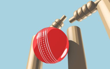 Ahşap isabet bir kırmızı deri kriket top kriket wickets üzerinde mavi bir gökyüzü arka plan - 3d render