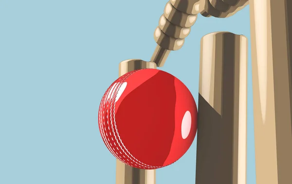 Červené Kožené Kriketový Míček Udeří Dřevěné Kriket Branky Modré Obloze — Stock fotografie