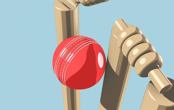 Красный Кожаный Мяч Крикета Ударяющий Деревянные Калитки Крикета Голубом Фоне — стоковое фото