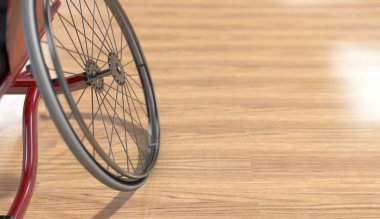 Bir boş değiştirilmiş tekerlekli sandalye cilalı ahşap zemin üzerinde çeşitli spor kodları rekabet edebilmek için özürlü sporcular tarafından kullanılan arka plan - 3d render