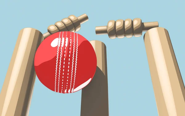 A red leather cricket ball hitting wooden cricket wickets on a blue sky background - 3D render