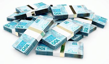 Brezilya gerçek banknotların bir izole arka plan - 3d render üzerinde rastgele dağınık demetleri yığını