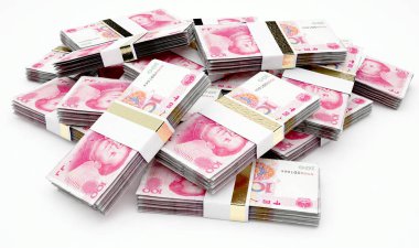 Çin yuan Lirası bir izole arka plan - 3d render üstünde rasgele dağınık demetleri yığını