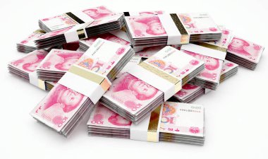 A pile of randomly scattered bundles of chinese yuan banknotes on an isolated background - 3D render clipart