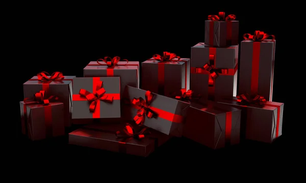 Scattered Collection Various Sized Gift Boxes Wrapped Shiny Red Paper — Stock Fotó