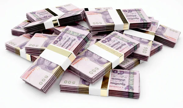 Una Pila Paquetes Aleatoriamente Dispersos Billetes Bhat Tailandeses Sobre Fondo — Foto de Stock