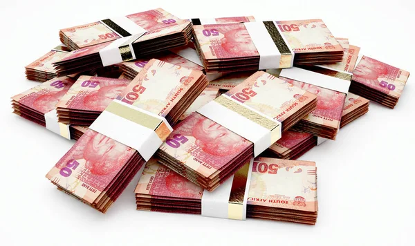 Una Pila Paquetes Aleatoriamente Dispersos Billetes Rand Sudafricanos Sobre Fondo —  Fotos de Stock