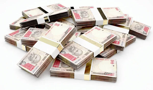 Kupie Losowo Rozrzucone Wiązki Banknotów Rupia Indyjska Białym Tle Renderowania — Zdjęcie stockowe