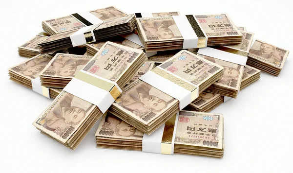 Uma Pilha Pacotes Aleatoriamente Espalhados Notas Iene Japonês Fundo Isolado — Fotografia de Stock