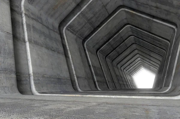 レンダリングでの距離で光と五角形の幾何学的図形で作ったコンクリートのトンネルの下を見て — ストック写真