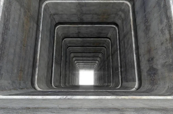 レンダリングの遠端での距離で光正方形の幾何学的形状から作られてコンクリートのトンネルの下を見て — ストック写真