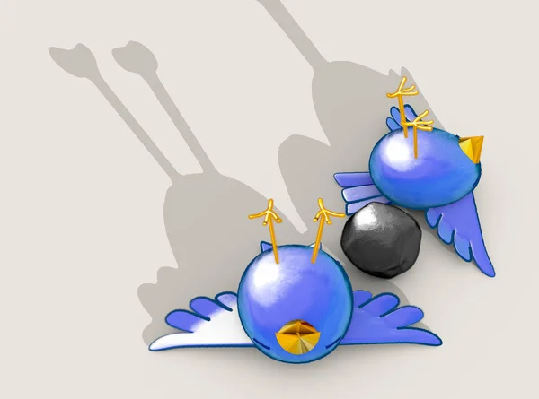 Two cartoon style blue birds apparently dead next to a grey stone with a literal depiction of the saying kill two birds with one stone - 3D render