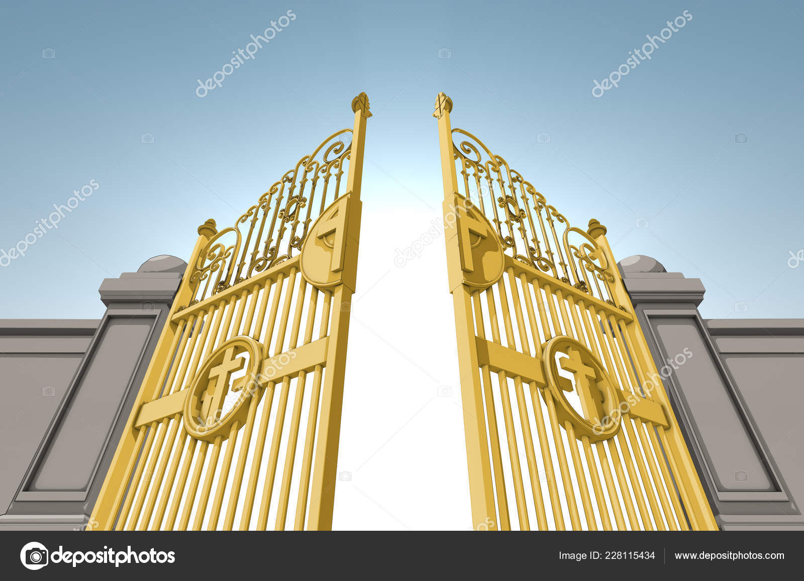 Illustrated Depiction Golden Pearly Gates Heaven Opening Blue Sky Background  Stock Photo by ©albund 228115434