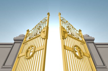 Üzerinde mavi bir gökyüzü açılış cennetin altın inci gates resimli bir tasviri arka plan - 3d render