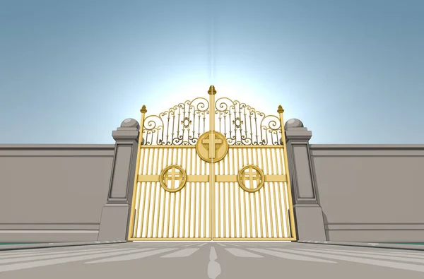 Illustrated Depiction Golden Pearly Gates Heaven Closed Shut Blue Sky — Stock Photo, Image