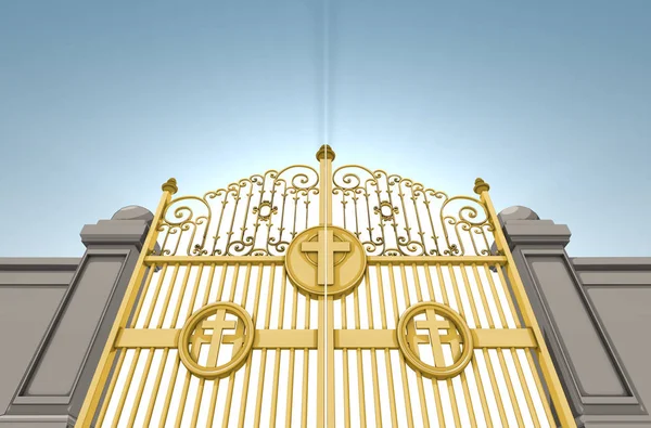 Illustrated Depiction Golden Pearly Gates Heaven Closed Shut Blue Sky — Stock Photo, Image