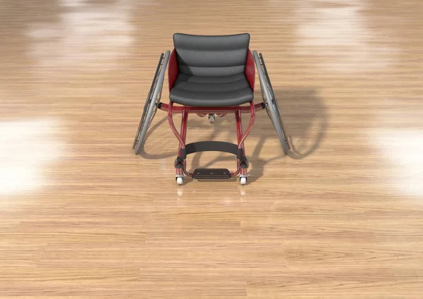 An empty modified wheelchair used by handicapped athletes to compete in various sporting codes on a polished wooden floor background - 3D render