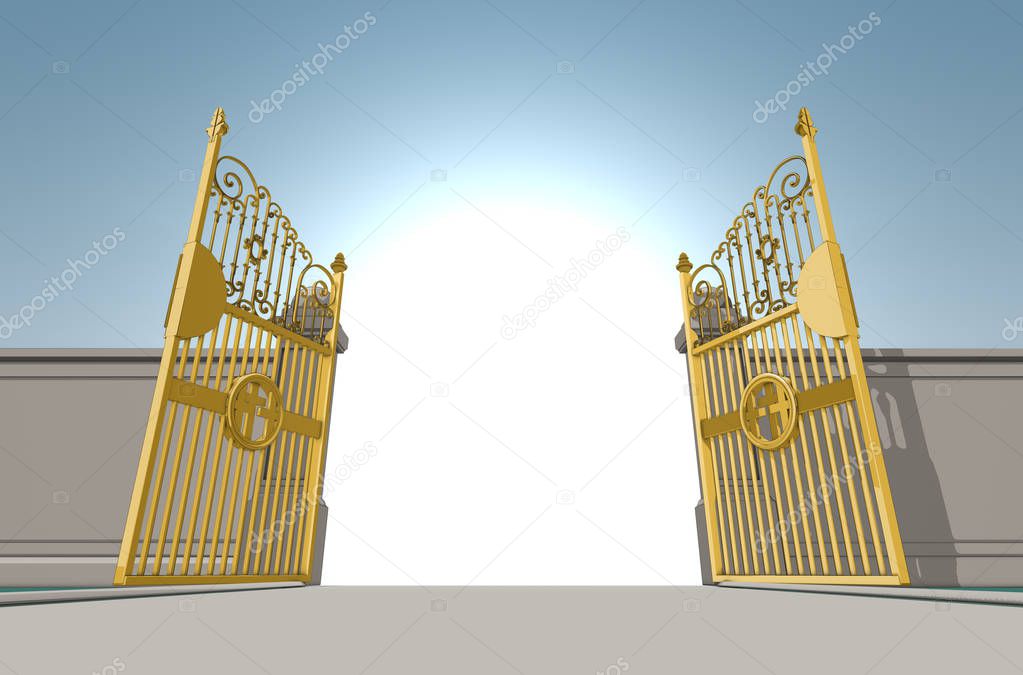 An illustrated depiction of the golden pearly gates of heaven fully opened on a blue sky background - 3D render