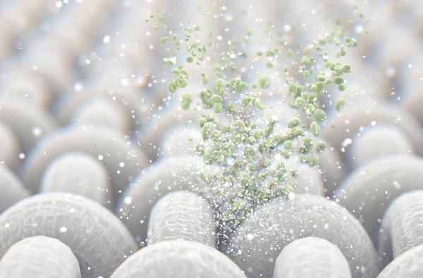 Mikroskopisk Närbild Enkel Vävd Textil Och Synlig Gröna Partiklar Rendering — Stockfoto