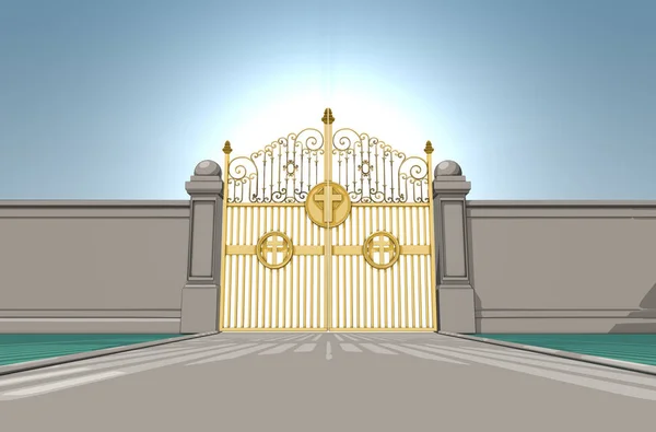 Иллюстрированное Изображение Золотых Жемчужных Ворот Рая Закрытых Голубом Фоне Неба — стоковое фото