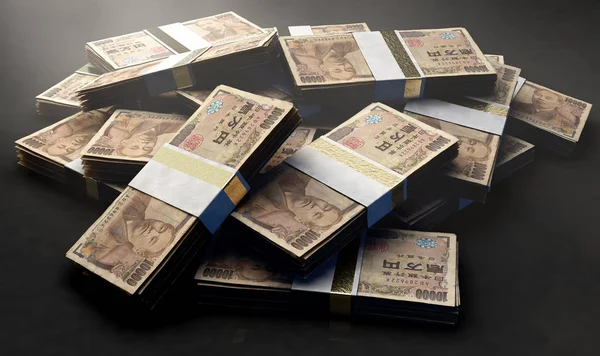 Une Pile Paquets Aléatoirement Dispersés Billets Banque Japonais Yen Sur — Photo