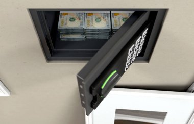 Bize doları banknot kazık Baca'ya güvenli bir açık gizli duvar ortaya bir ev - 3d render bir duvara asılı çerçeveli resim arkasında