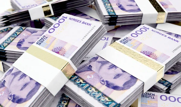 Pile Randomly Scattered Bundles Norwegian Kroner Banknotes Isolated Background Render — Stock Photo, Image